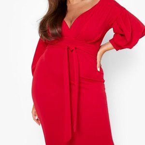 BNWT Boohoo Plus flame red off the shoulder wrap midi dress US 18